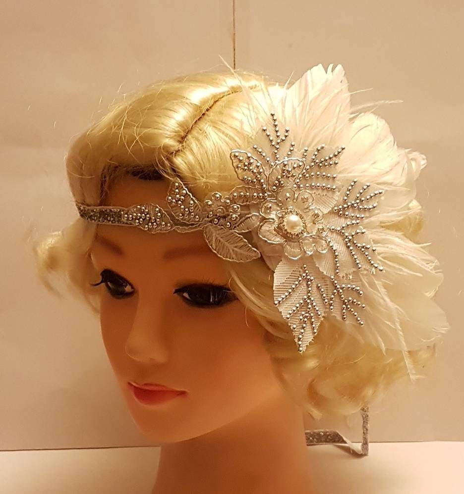 Gatsby Headband 1920s Flapper Headpiece Bridal wedding fascinator Silver or Gold Beaded Gatsby Feather Headpiece sparkly boho hairpiece