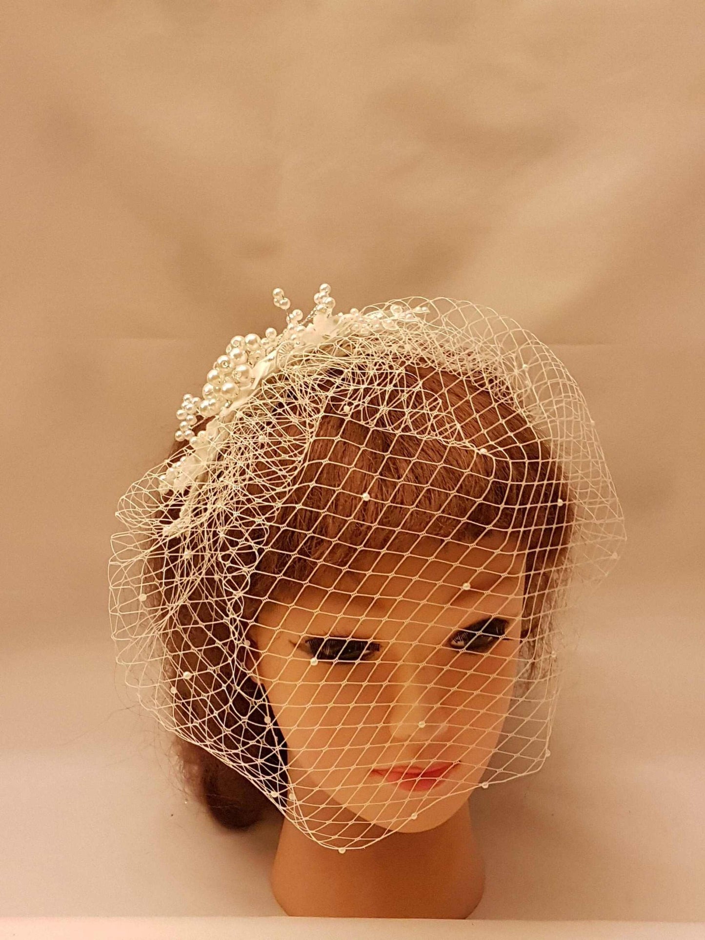 Bridal birdcage veil fascinator with Lace and pearls hair comb