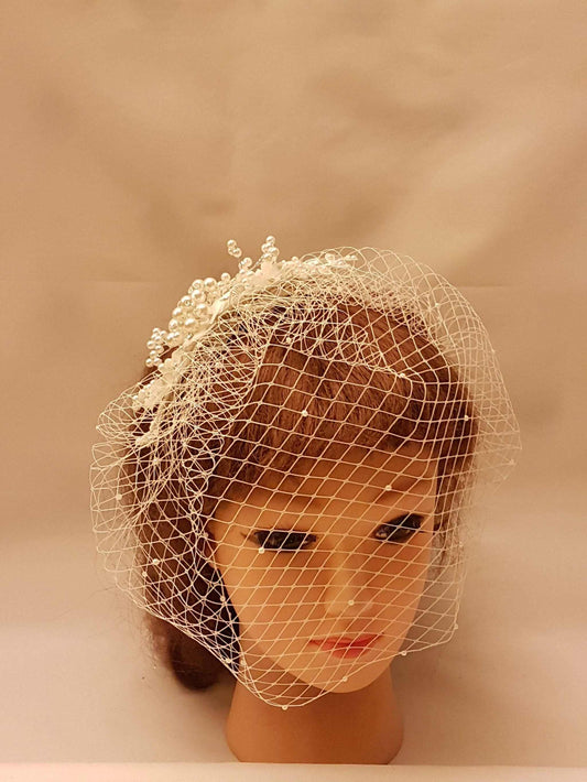 Bridal birdcage veil  fascinator with Lace and pearls hair comb