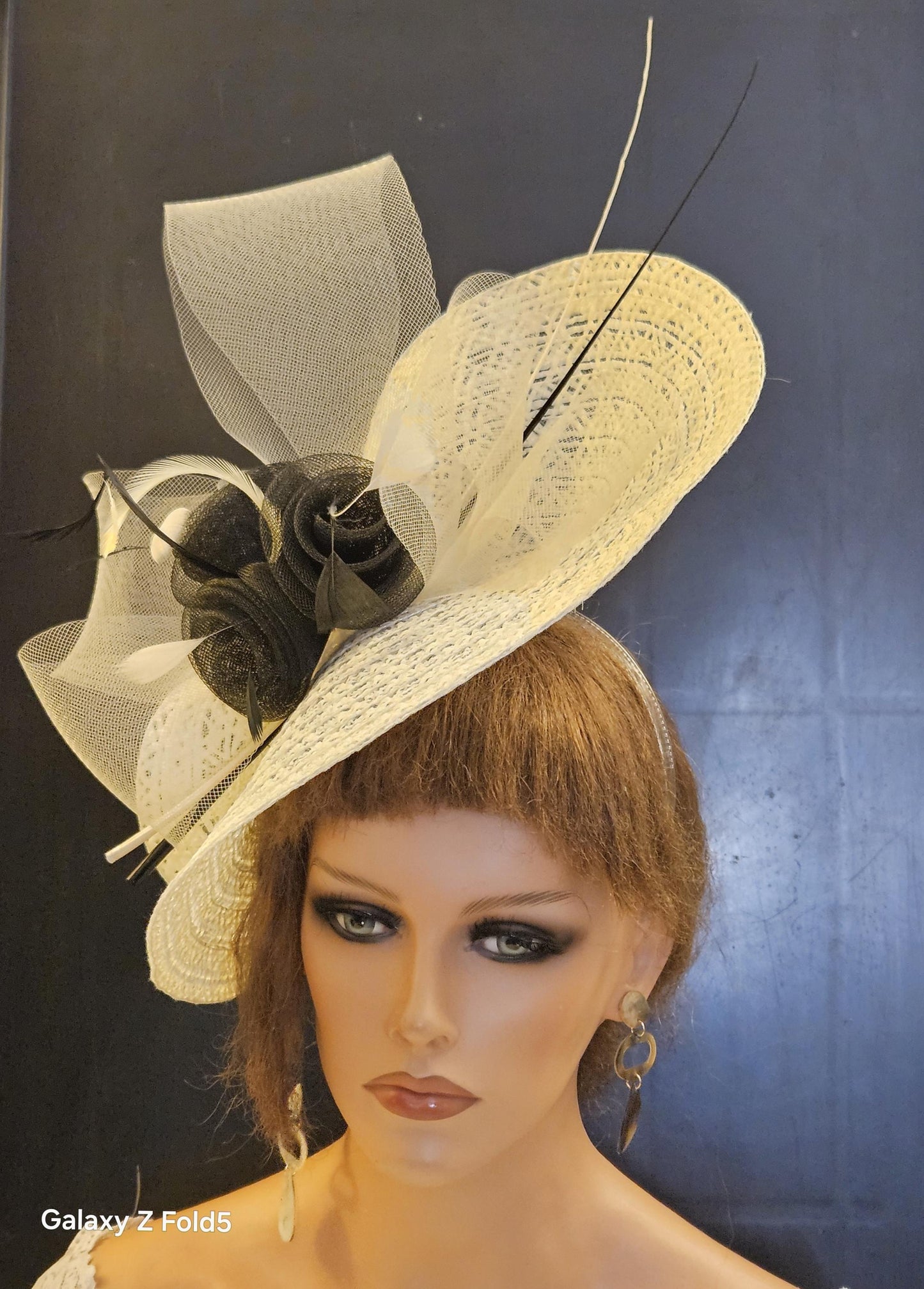 Ivory & Black fascinator large hatinator Feather Floral Church Derby Royal Ascot Hat Race Wedding Party hat Mother of Bride/Groom Hatinator