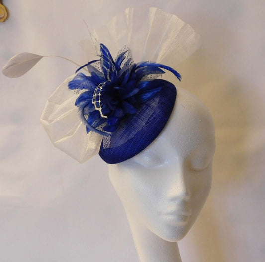 Feather FASCINATOR, ROYAL BLUE & Silver Hat fascinator Wedding Church Hat, Cocktail Fascinator, Ascot Hat, Prom Ball Hat Fascinator