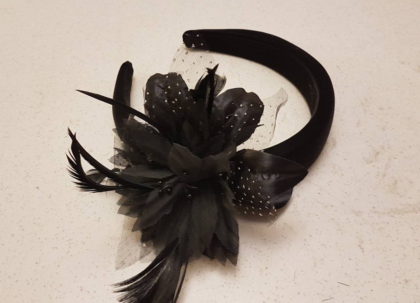 BLACK Feather Flower SUEDE Padded Headband Fascinator Headpiece Halo Padded Hair Crown Races Wedding Prom
