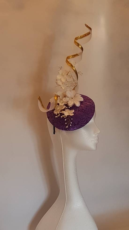 PURPLE & GOLD Fascinator Hat 40s 50s Hat fascinator #Gold edge swirl hat fascinatorWedding, Race,Cocktail hat Ladies Ascot hat Purple hat
