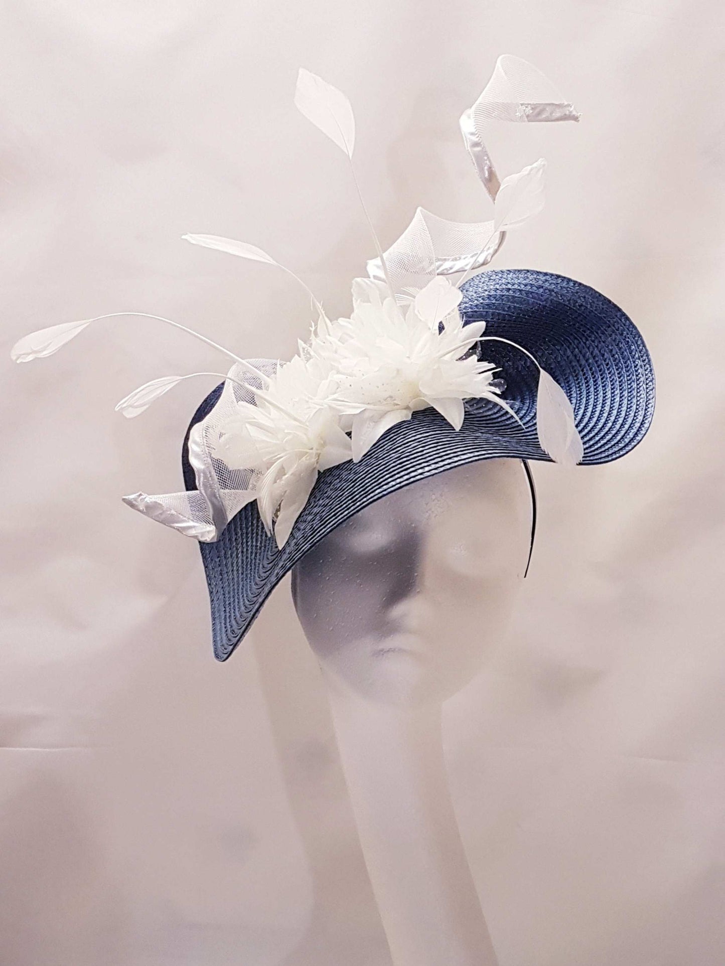 NAVY & WHITE Fascinator hat Silver or Gold edge crinoline swril Floral Hatinator