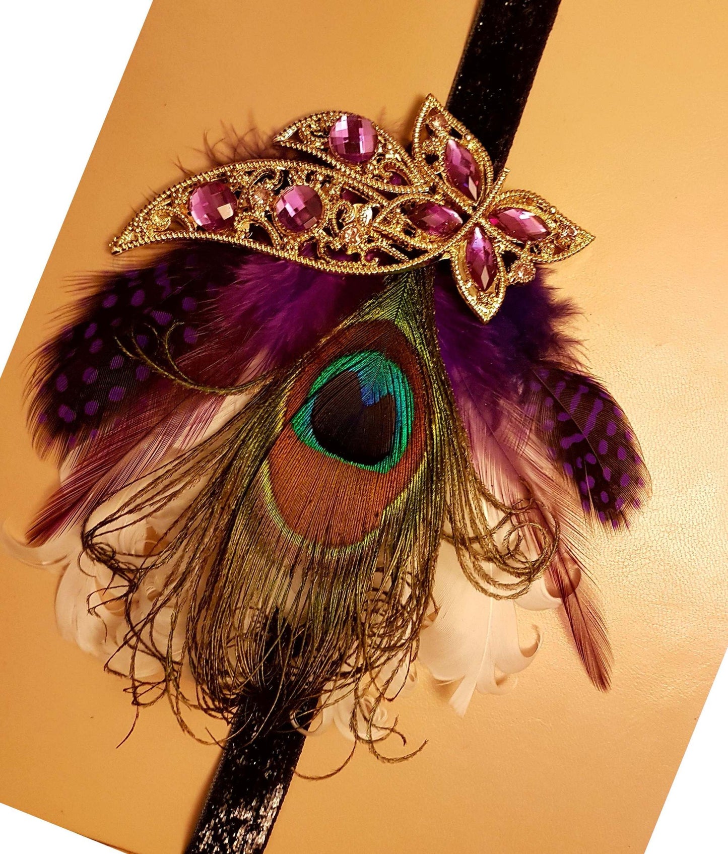 Gatsby headband with peacock and purple feathers, 1920s flapper bridal wedding fascinator with crystal jewels