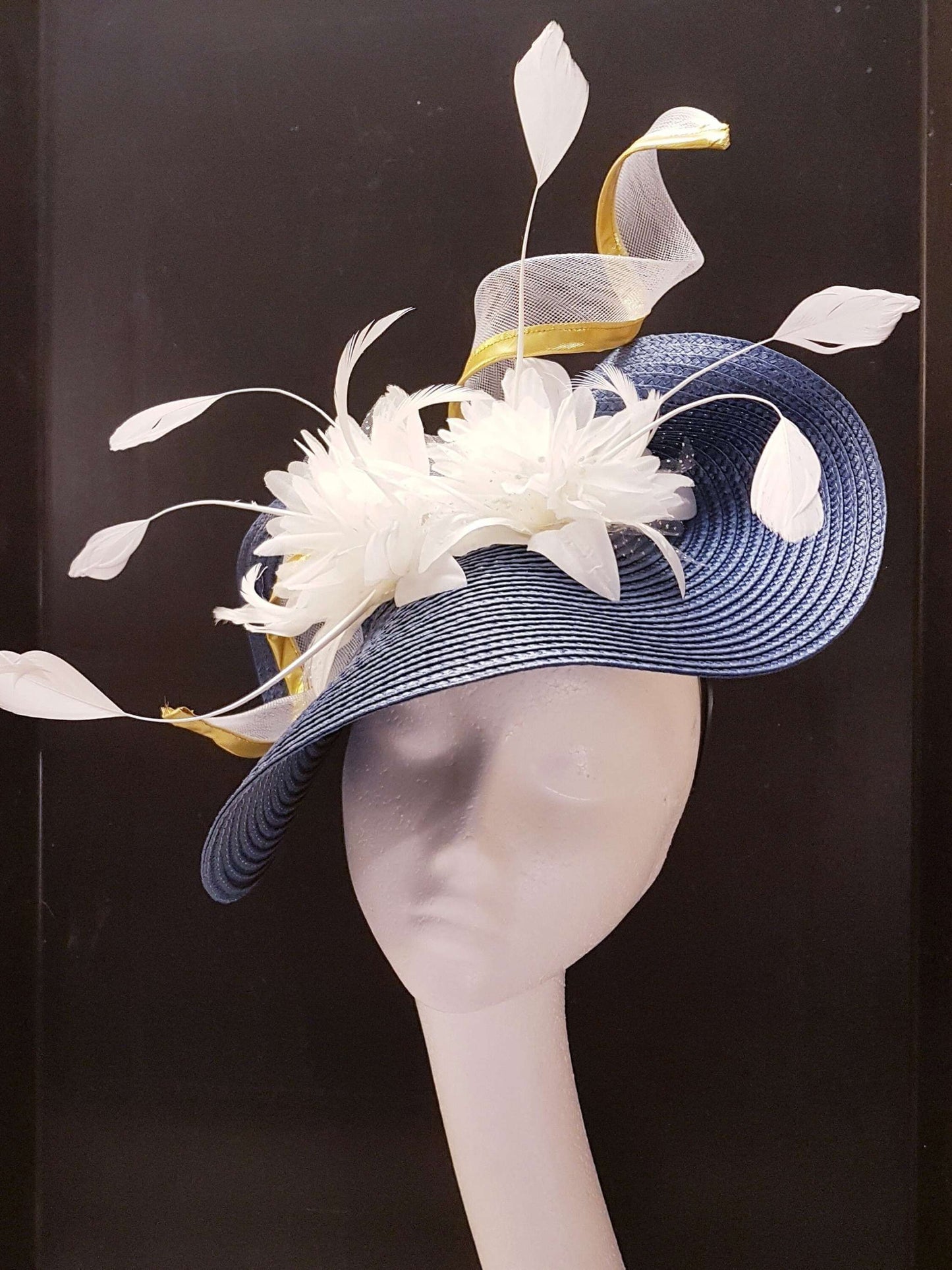 BLUE & WHITE HAT FASCINATOR with spiraled Crinoline