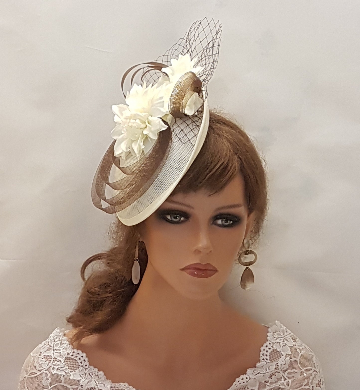 Brown & Ivory/Cream Fascinator Hat Wedding,Church Fascinator Hat, Goodwood, Cocktail, Kenducky Derby Ascot floral Hat, Wedding Hatinator