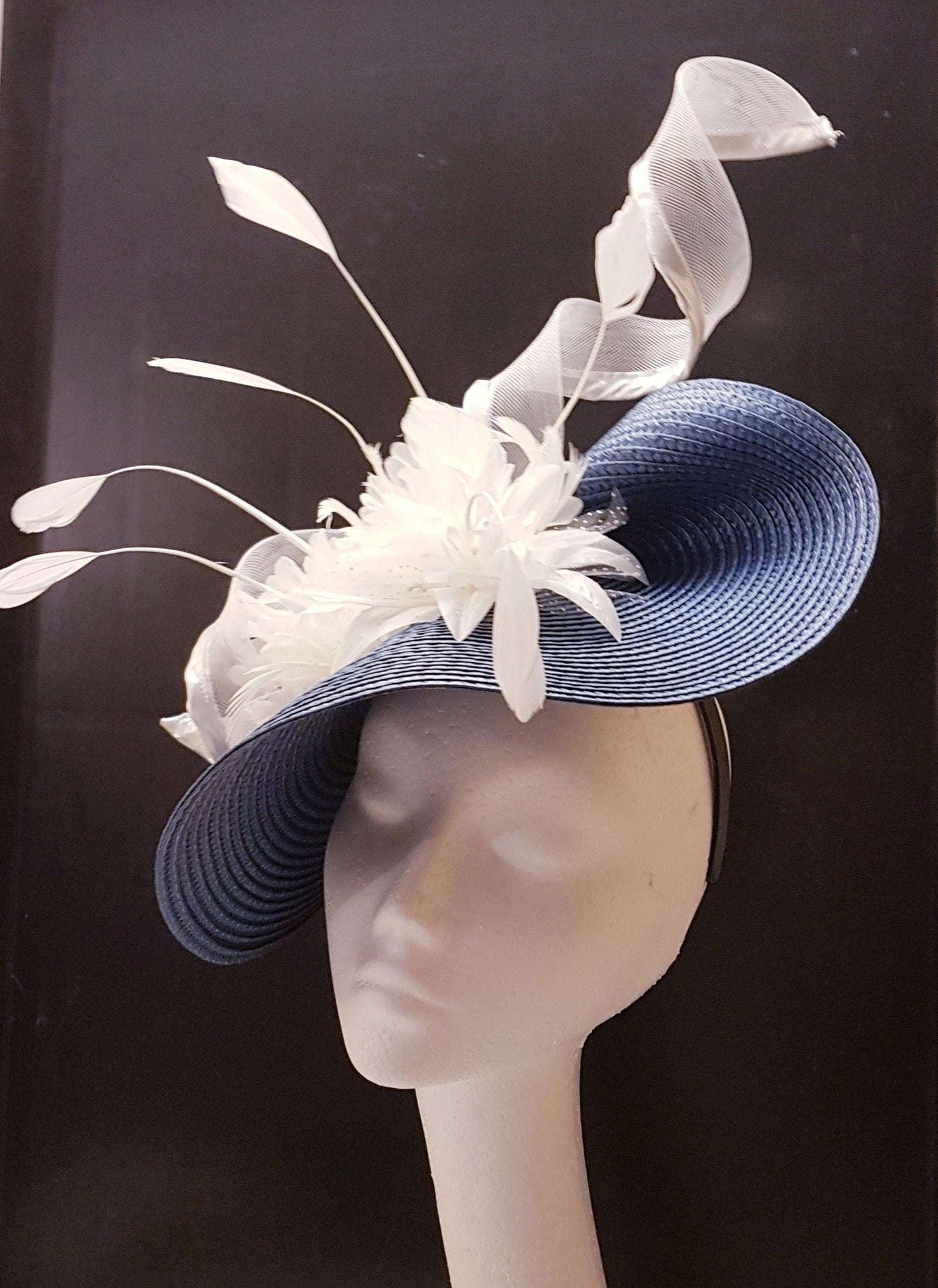 BLUE & WHITE HAT FASCINATOR with spiraled Crinoline