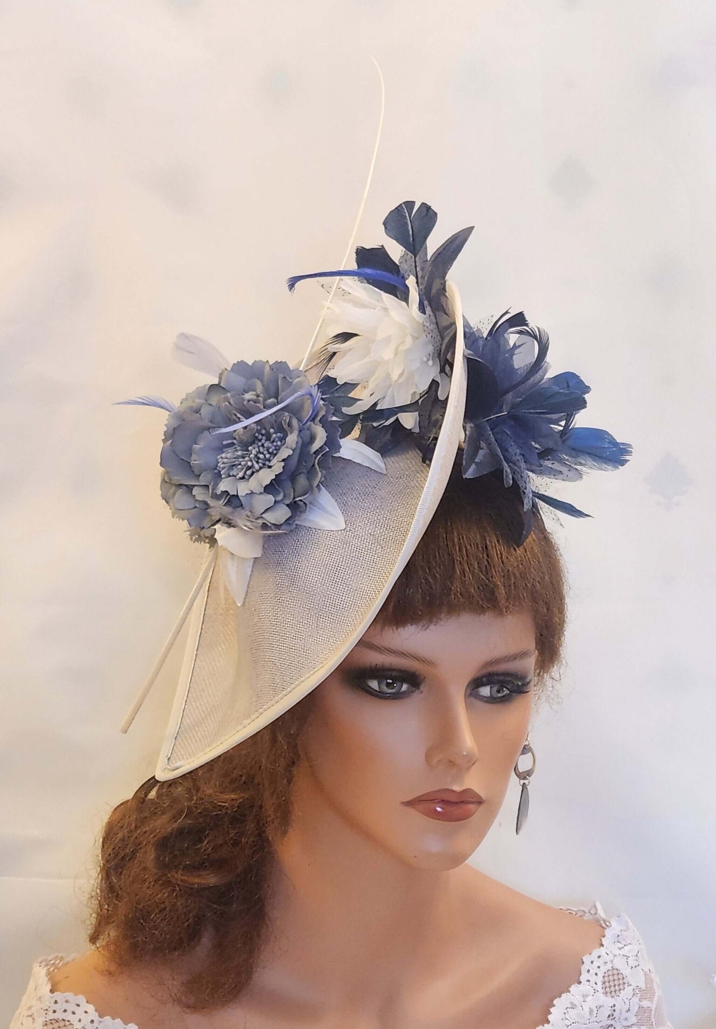 GRAY, NAVY & WHITE Floral Hat fascinator large Teardrop hatinator long Quil Church Derby Ascot Wedding hat Mother of Bride/Groom Hatinator