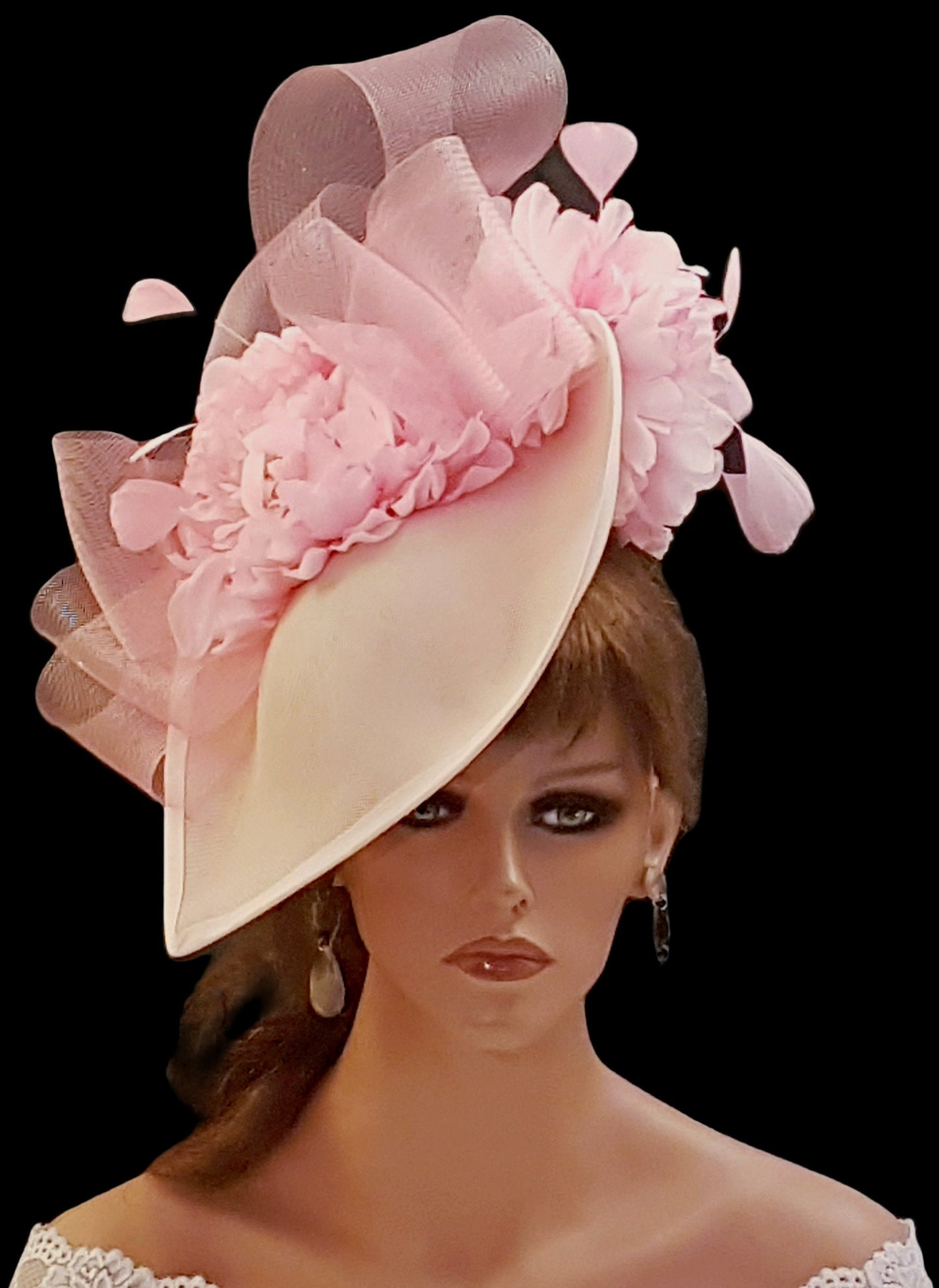 White & Pink Hat Fascinator Large hatinator with Feathers. Floral Church Derby Ascot Race Wedding Party hat Mother of Bride/Groom- EleganceFascinator