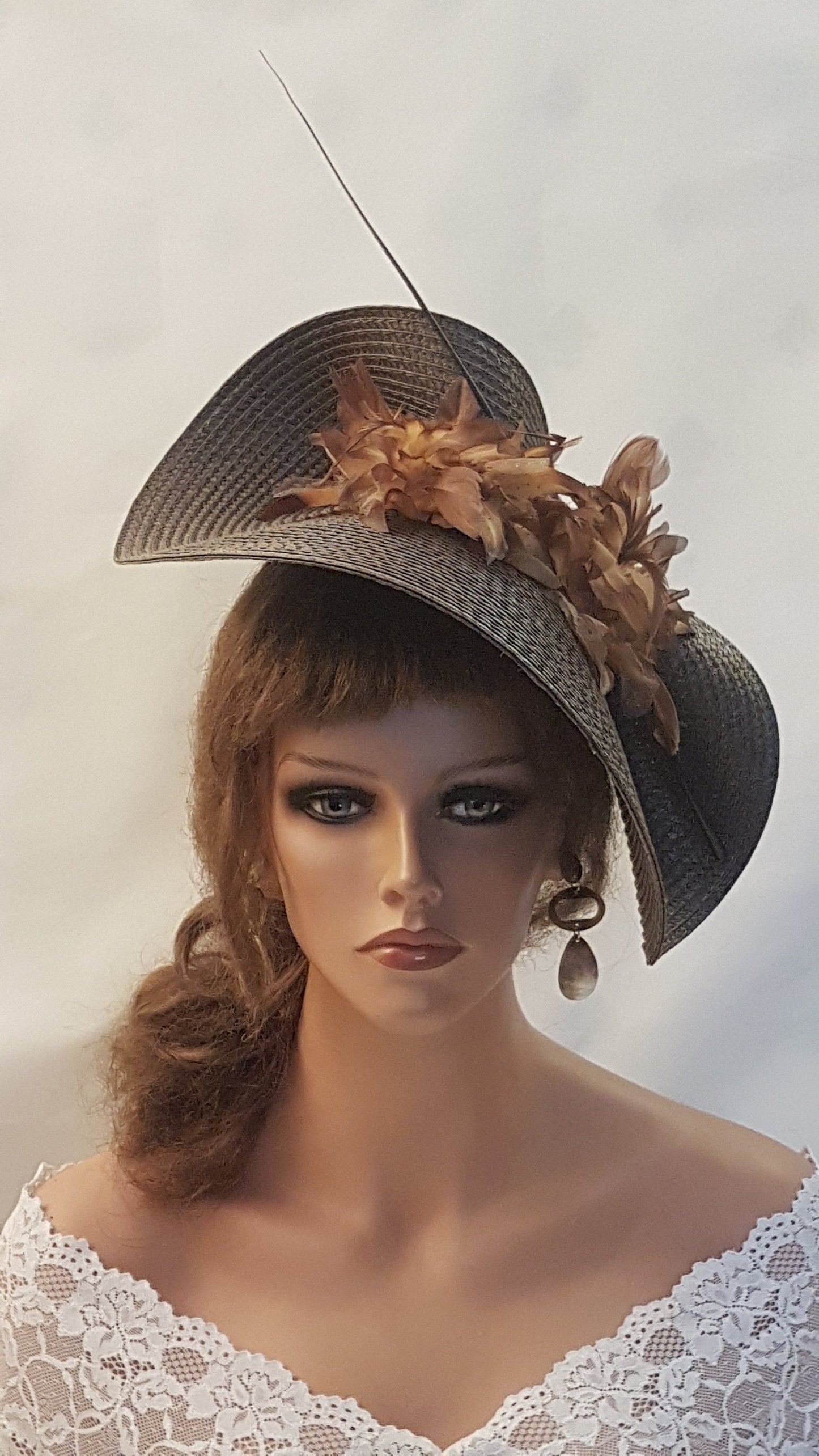 Brown hat fascinator large saucer hatinator long Quil Floral Church Derby Ascot Royal Wedding TeaParty hat Mother of Bride/Groom Hatinator
