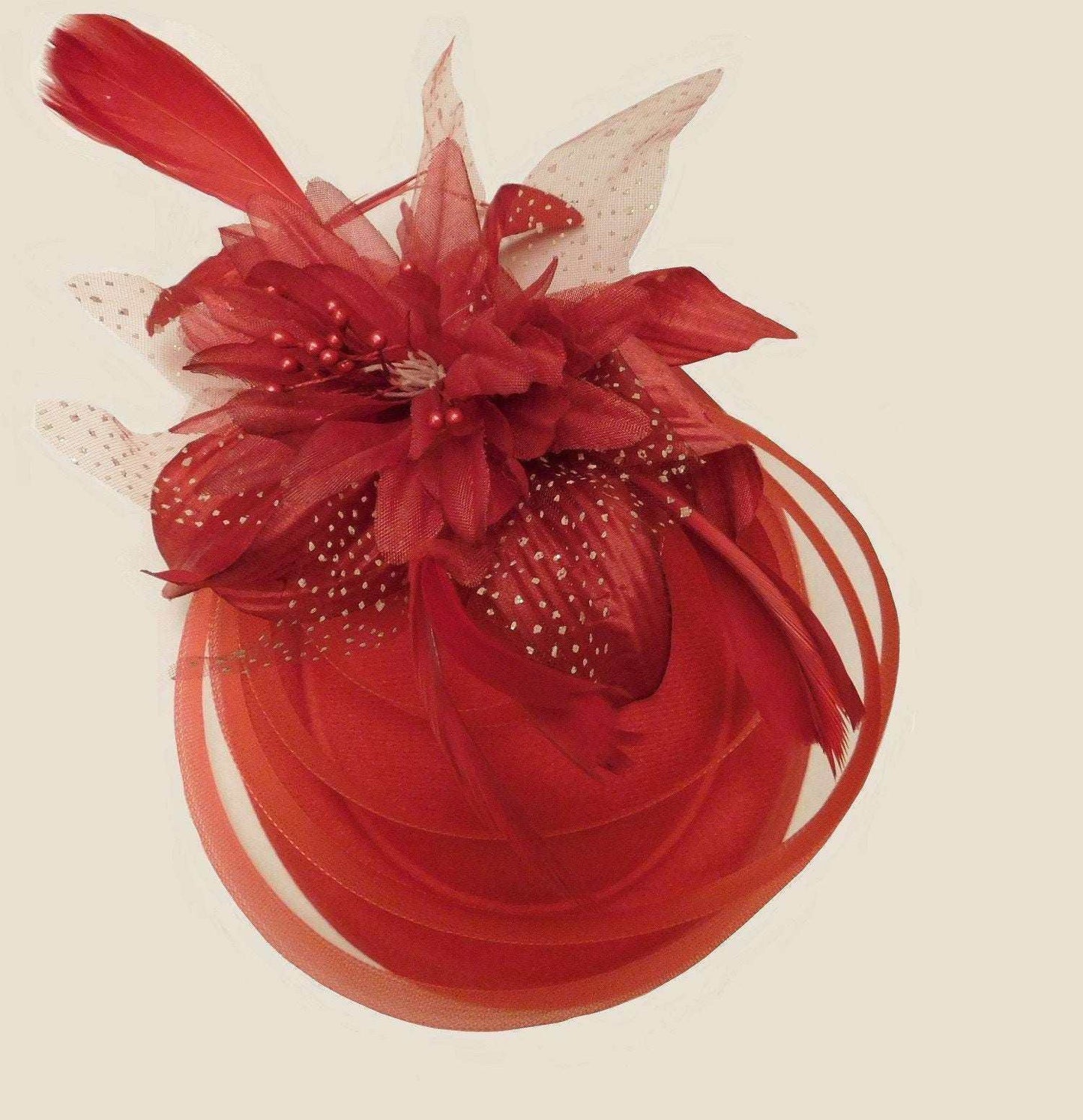 Red fascinator hat, 40s,50s RED Feather Pillbox hatinator