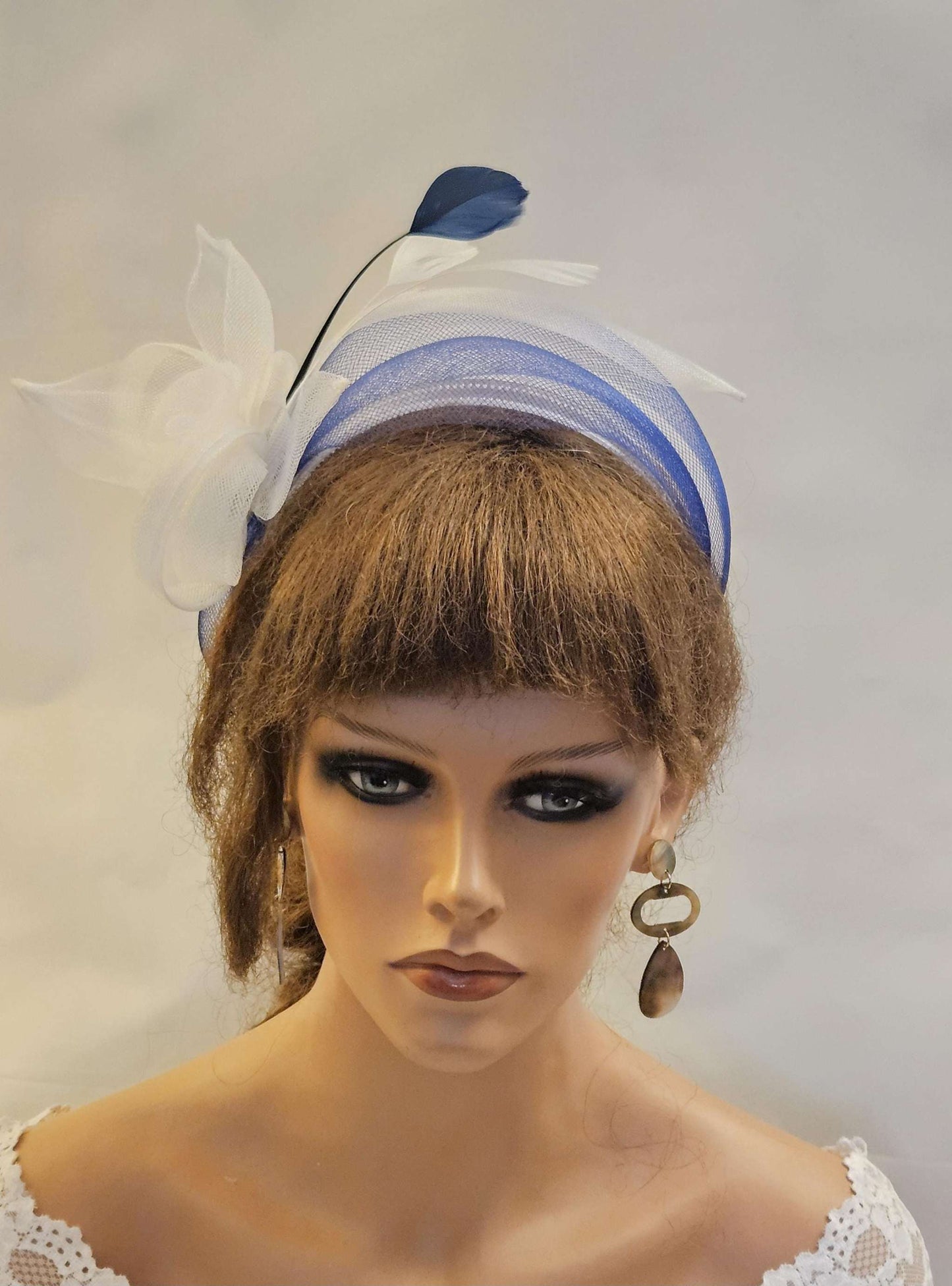 WHITE & NAVY Blue Crinoline HEADBAND Fascinator.Race,TeaParty, headpiece. Wedding guest,Mother of Bride Headdress
