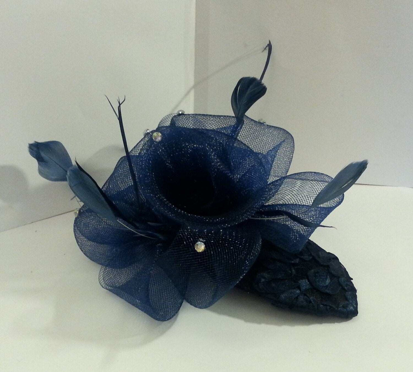 Navy blue vintage 1940s-50s teardrop hat fascinator with lace, feathers, and rhinestones for weddings, cocktails, and proms