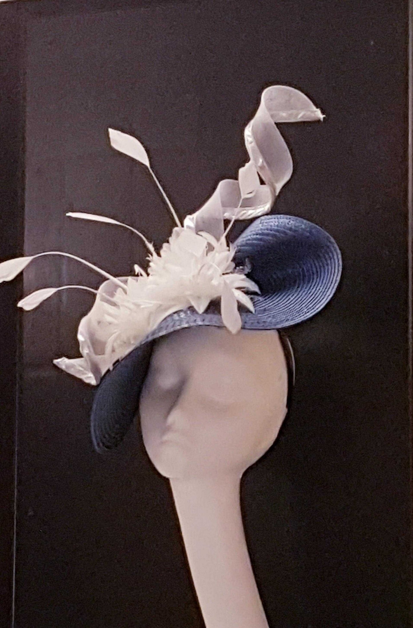 BLUE & WHITE HAT FASCINATOR with spiraled Crinoline