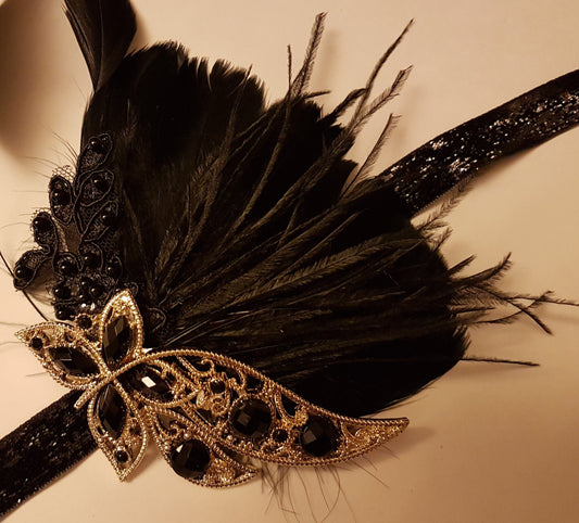 Fascia Gatsby, fascia con piume nere #1920s Copricapo Flapper Fascinator da sposa Anni '20 Fascia con piume nere e cristalli Boho