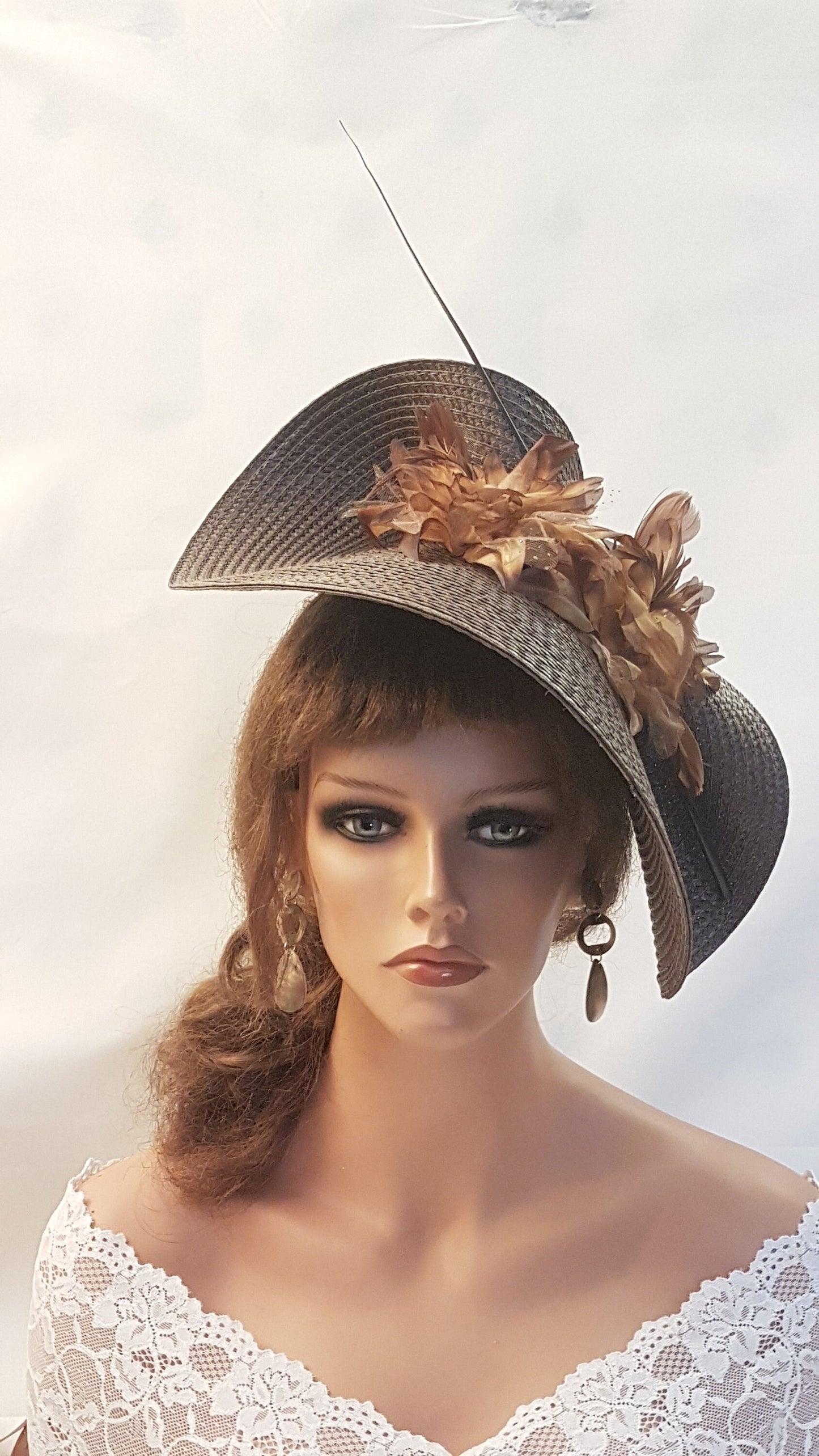 Brown hat fascinator large saucer hatinator long Quil Floral Church Derby Ascot Royal Wedding TeaParty hat Mother of Bride/Groom Hatinator