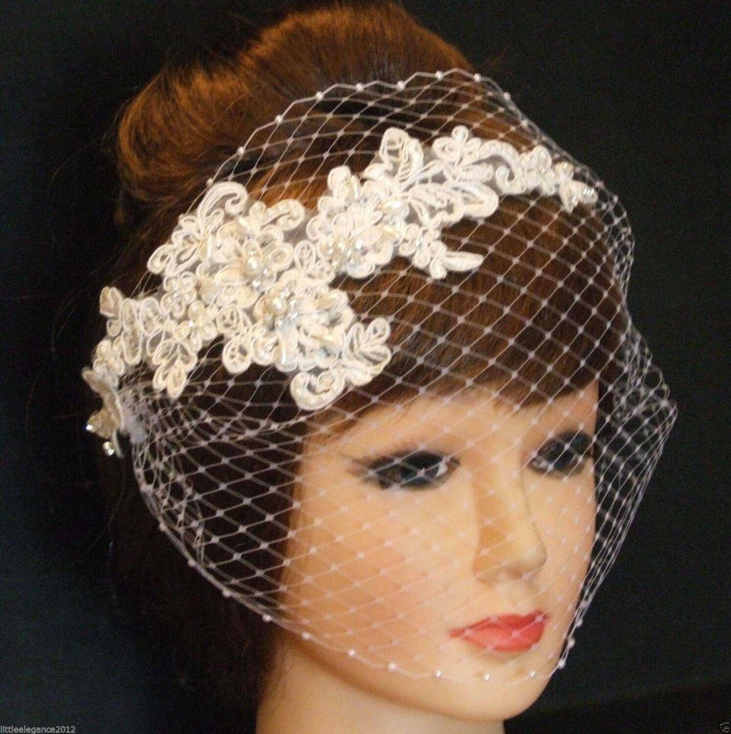 Bridal birdcage veil fascinator with Lace and pearls