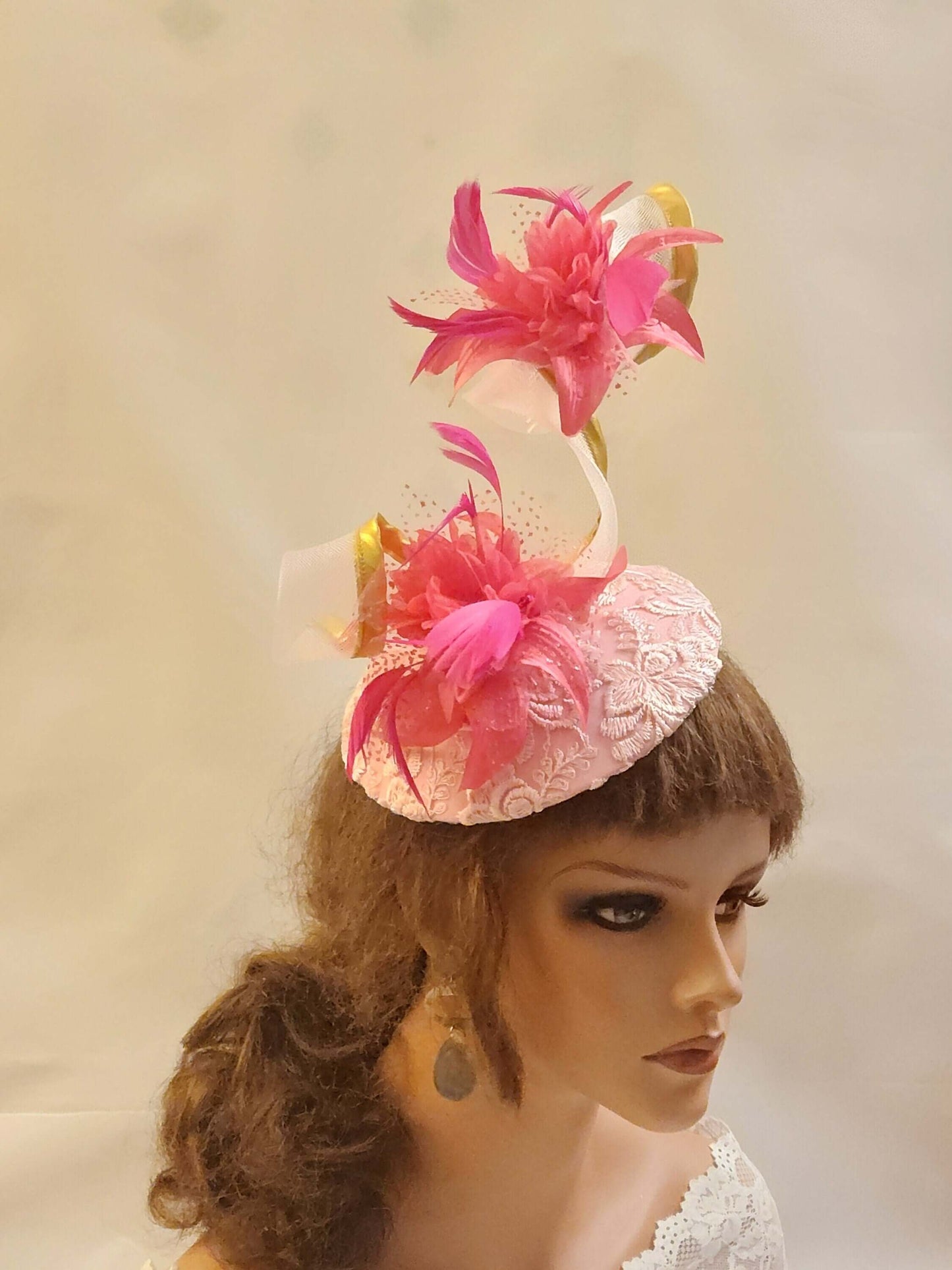 PINK HAT FASCINATOR with Gold edge swirl Wedding.Kentucky derby,Ascot hatiinator