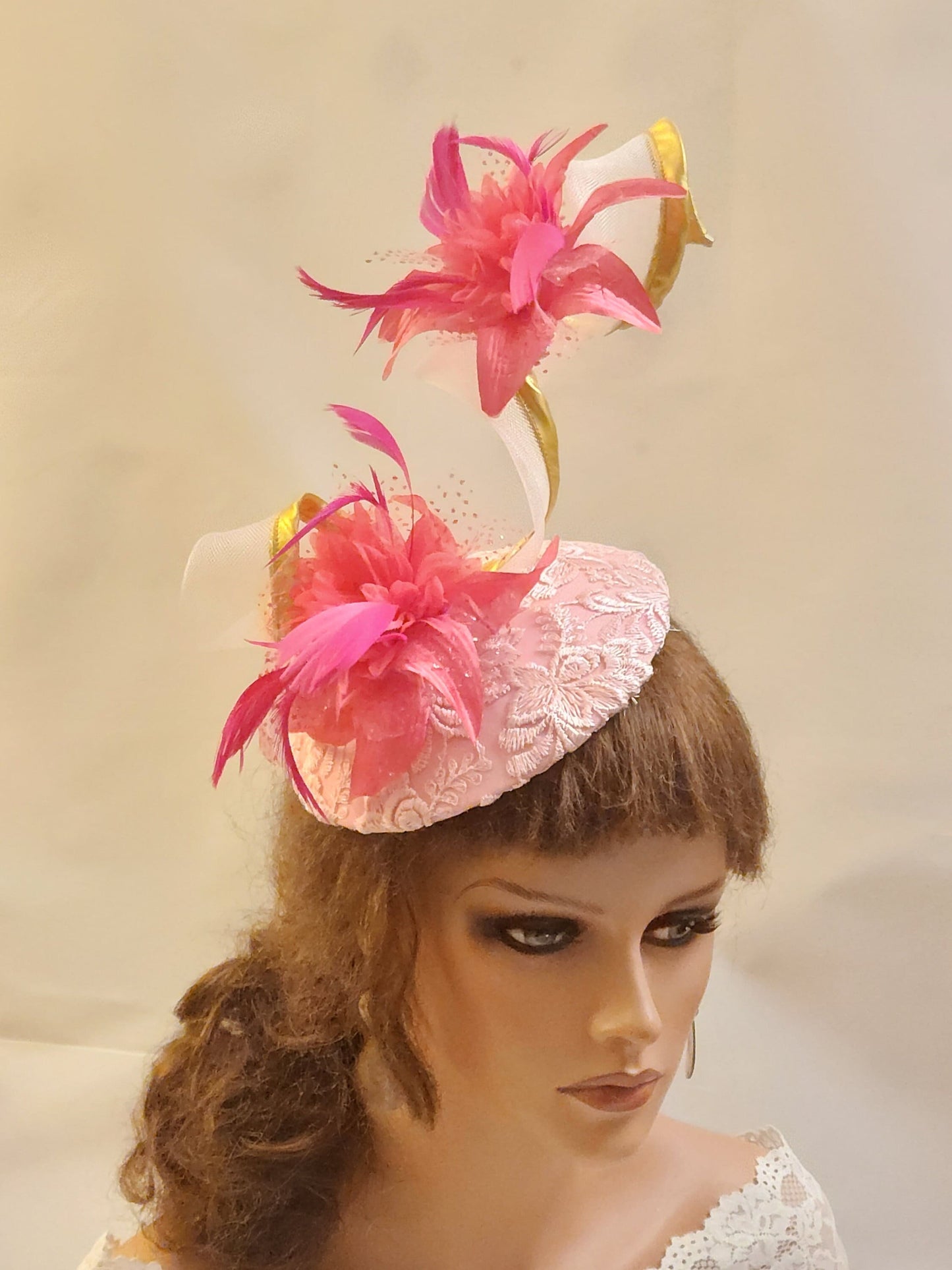 PINK HAT FASCINATOR with Gold edge swirl Wedding.Kentucky derby,Ascot hatiinator