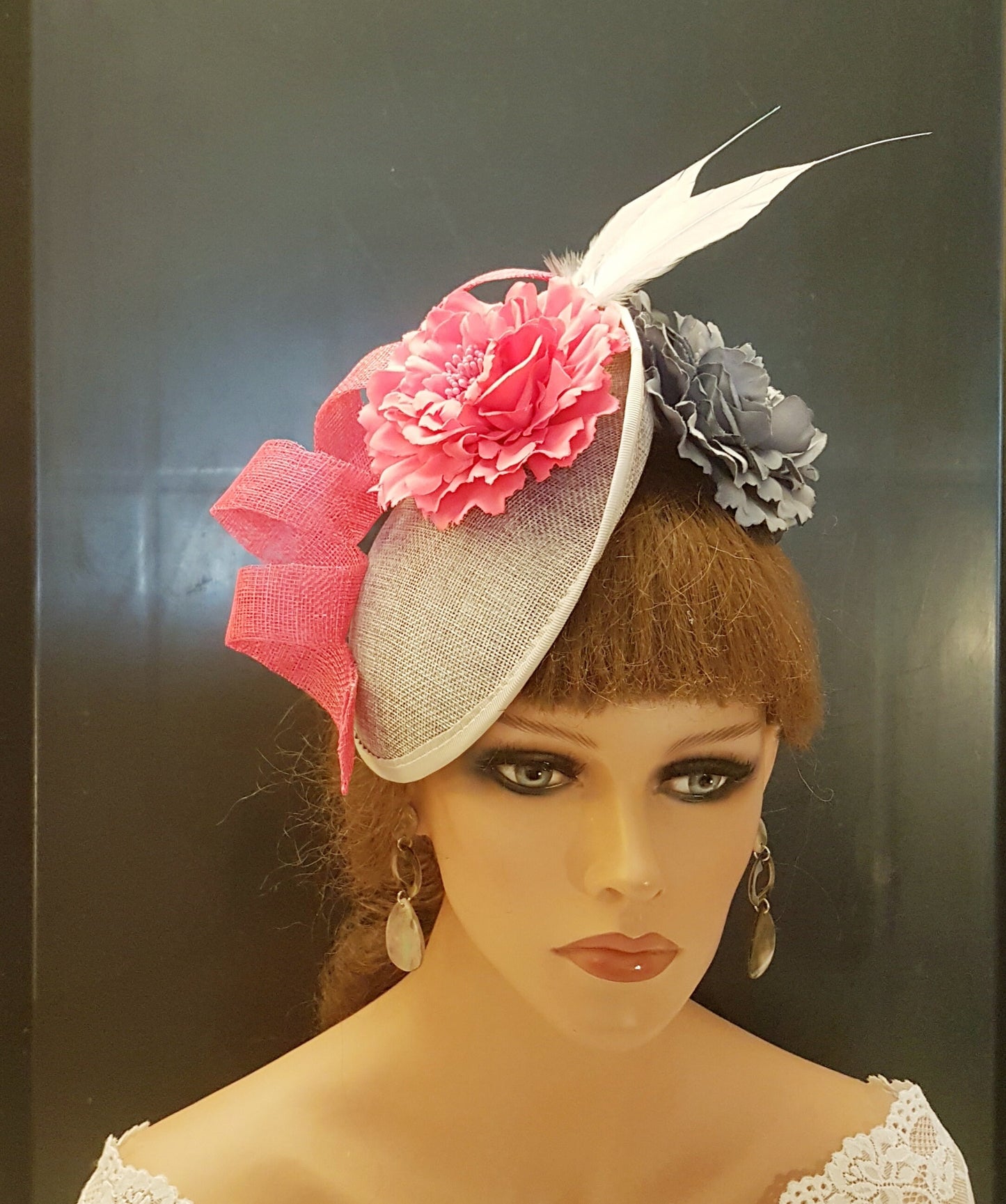 GREY & PINK Hat FASCINATOR with Feathers, Grey and Pink flowers Wedding,Mother of bride an Groom Derby,Ascot Cocktail Ladies hat fascinator