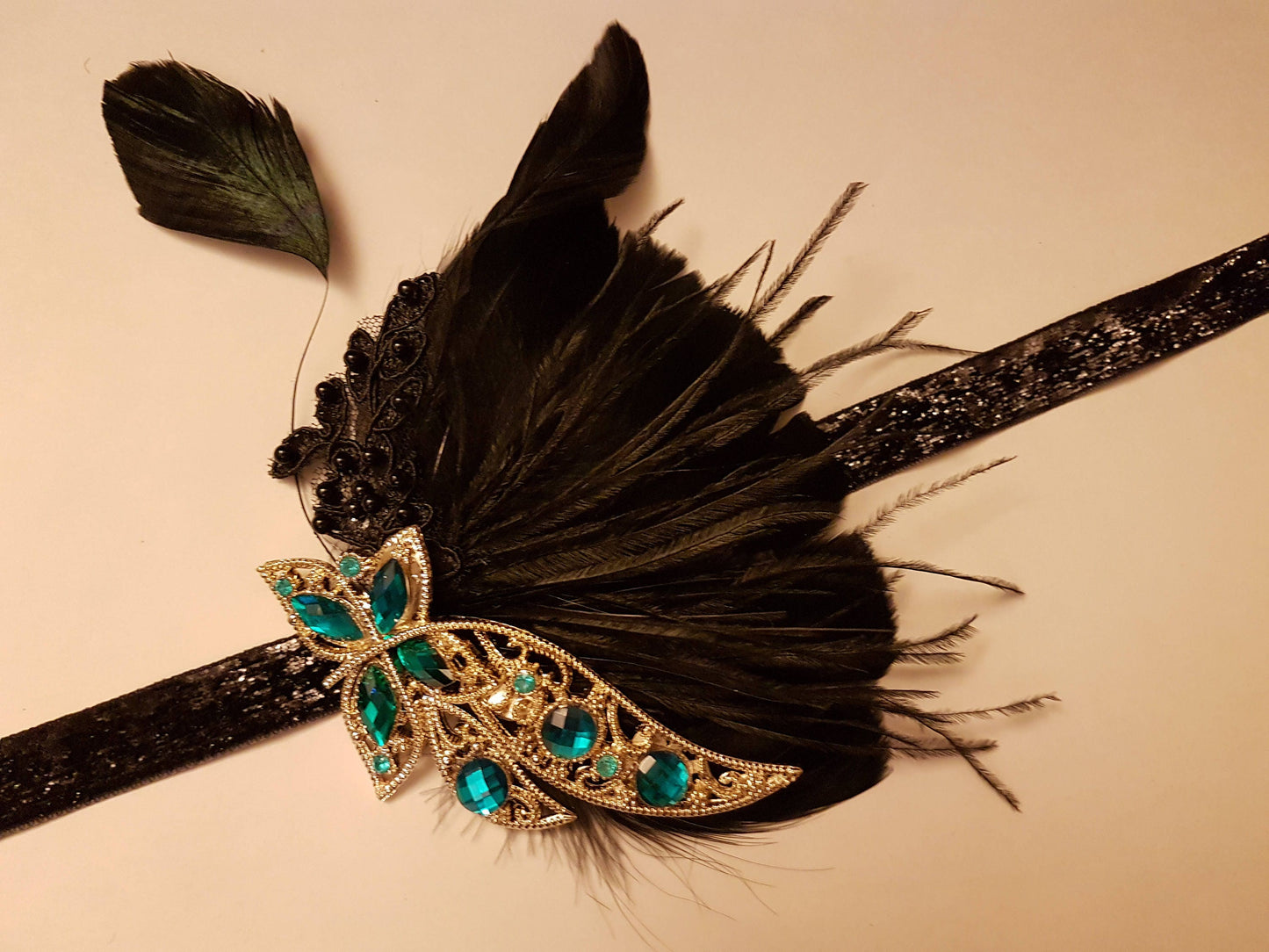 Gatsby Headband, 1920s Flapper Headpiece, 1920s 40s boho headband, Black, Blue,Clear,Pink,Purple,Champagne Crystal Gatsby Feather Headband
