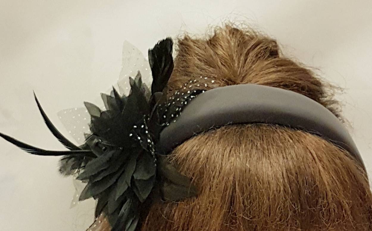 BLACK Feather Flower SUEDE Padded GREY Headband Black and Grey Fascinator Headpiece Halo Padded Hair Crown Races Wedding Prom
