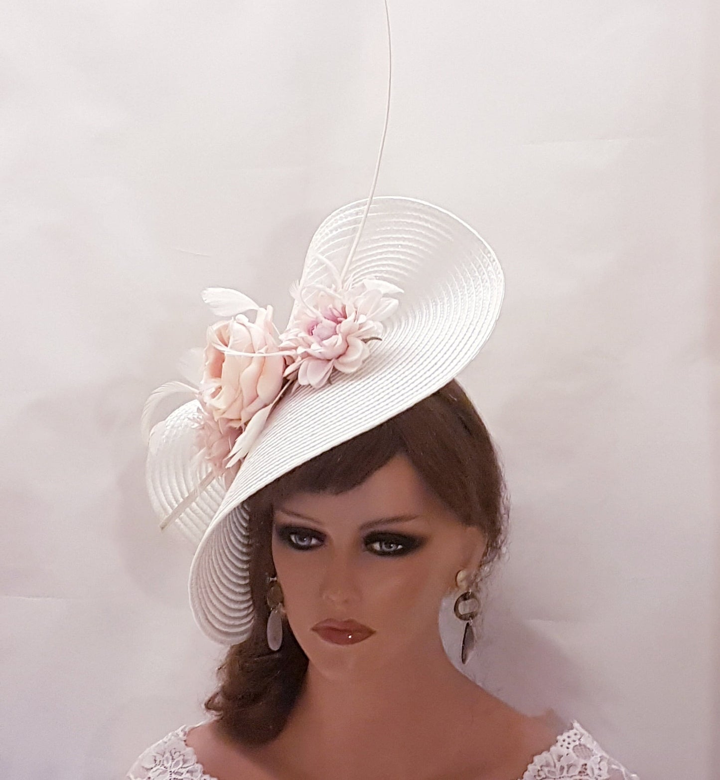 White & Pink fascinator Hat. Large saucer hat Mother of Bride Hatinator-EleganceFascinator