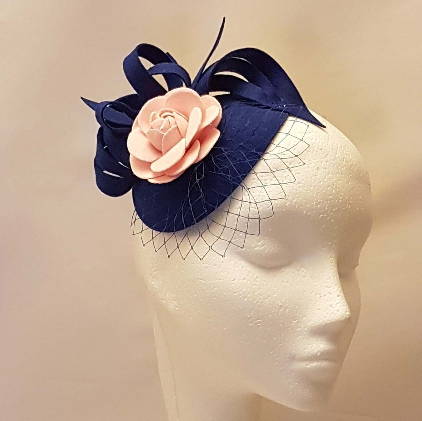 Fascinator Royal Blue Mini Felt like Teardrop hat Fascinator with Felt Loops French netting mini veil and Pink Felt Rose