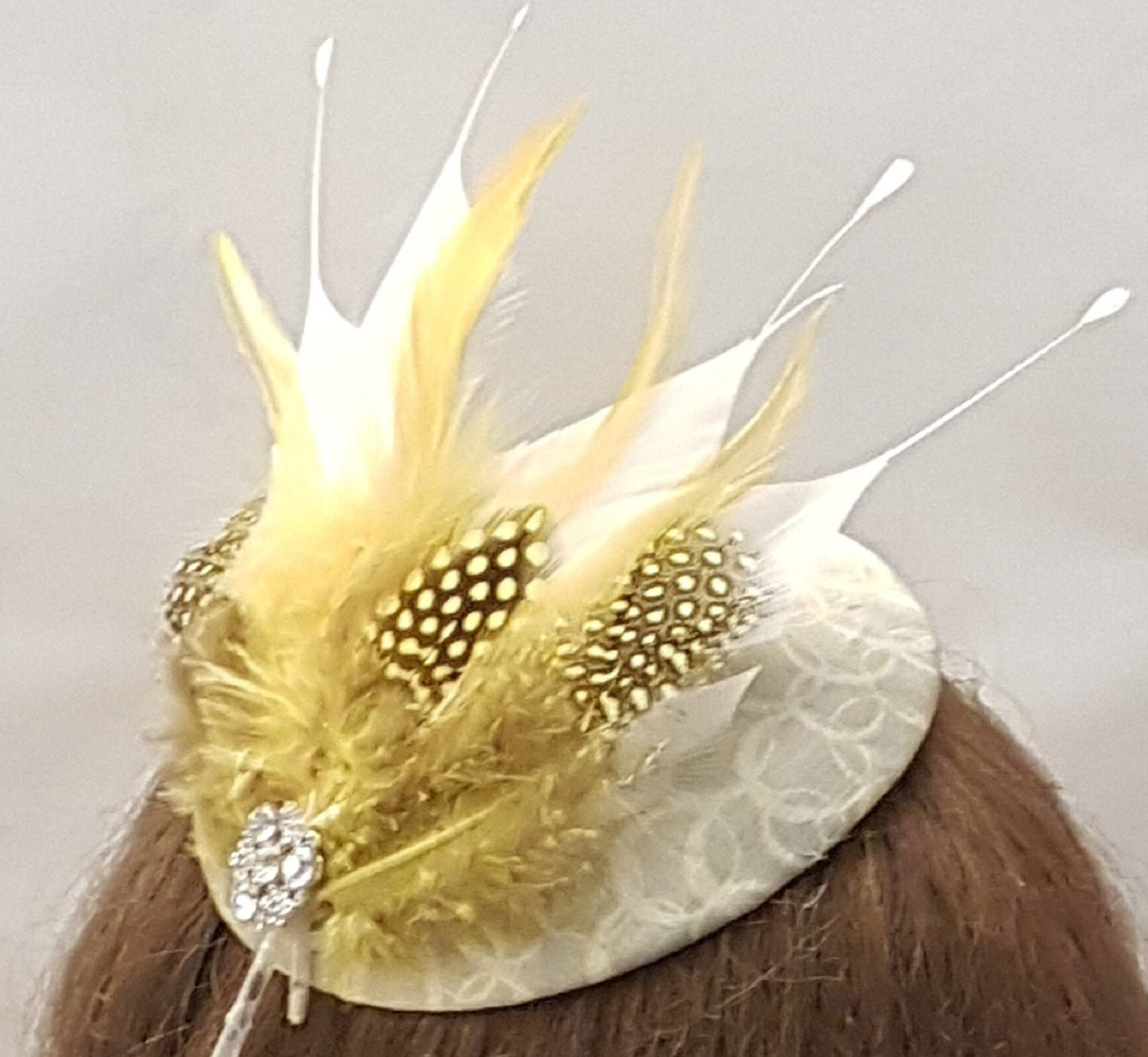 SAGE GREEN Fascinator with Spotty Mustard gold feathers and White feathers Church Ascot Wedding TeaPartyCocktail Ladies day hat fascinator