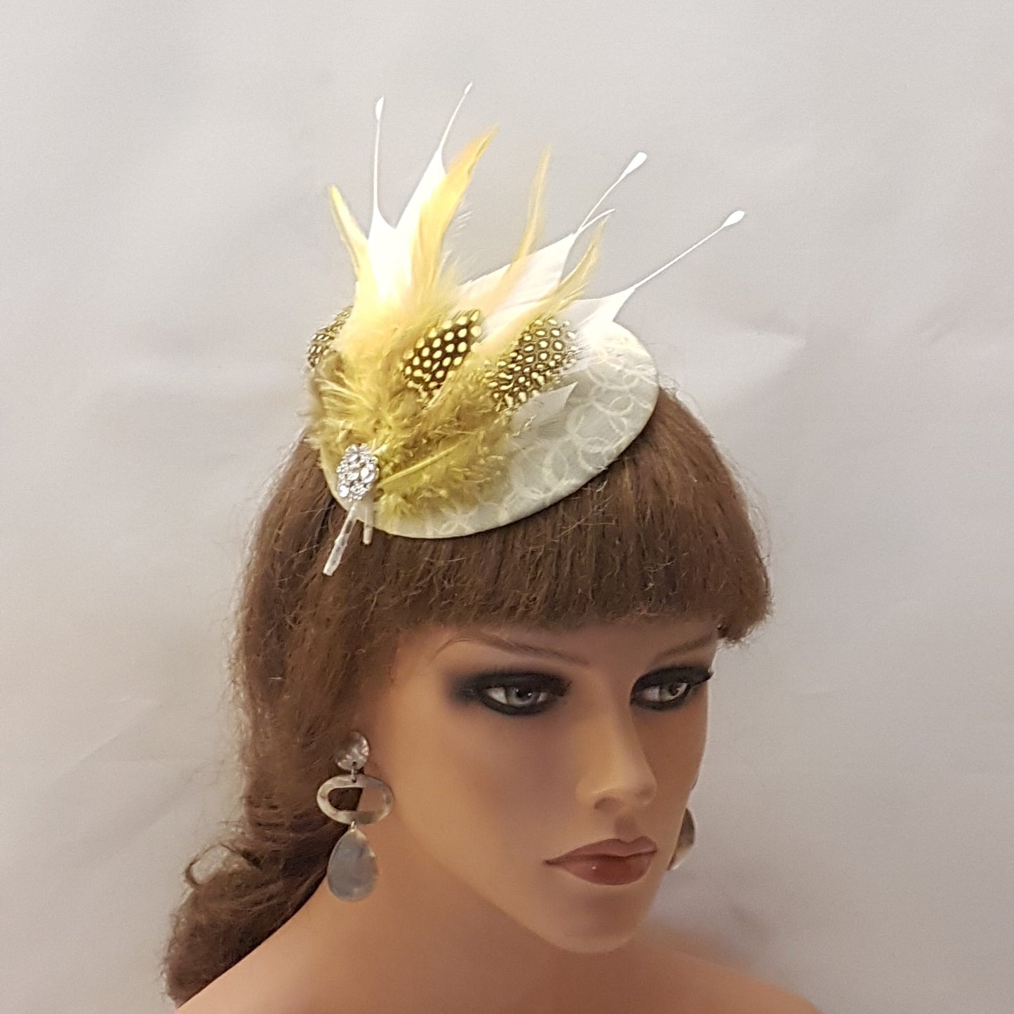 SAGE GREEN Fascinator with Spotty Mustard gold feathers and White feathers Church Ascot Wedding TeaPartyCocktail Ladies day hat fascinator