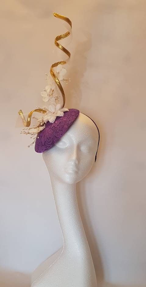 PURPLE & GOLD Fascinator Hat 40s 50s Hat fascinator #Gold edge swirl hat fascinatorWedding, Race,Cocktail hat Ladies Ascot hat Purple hat