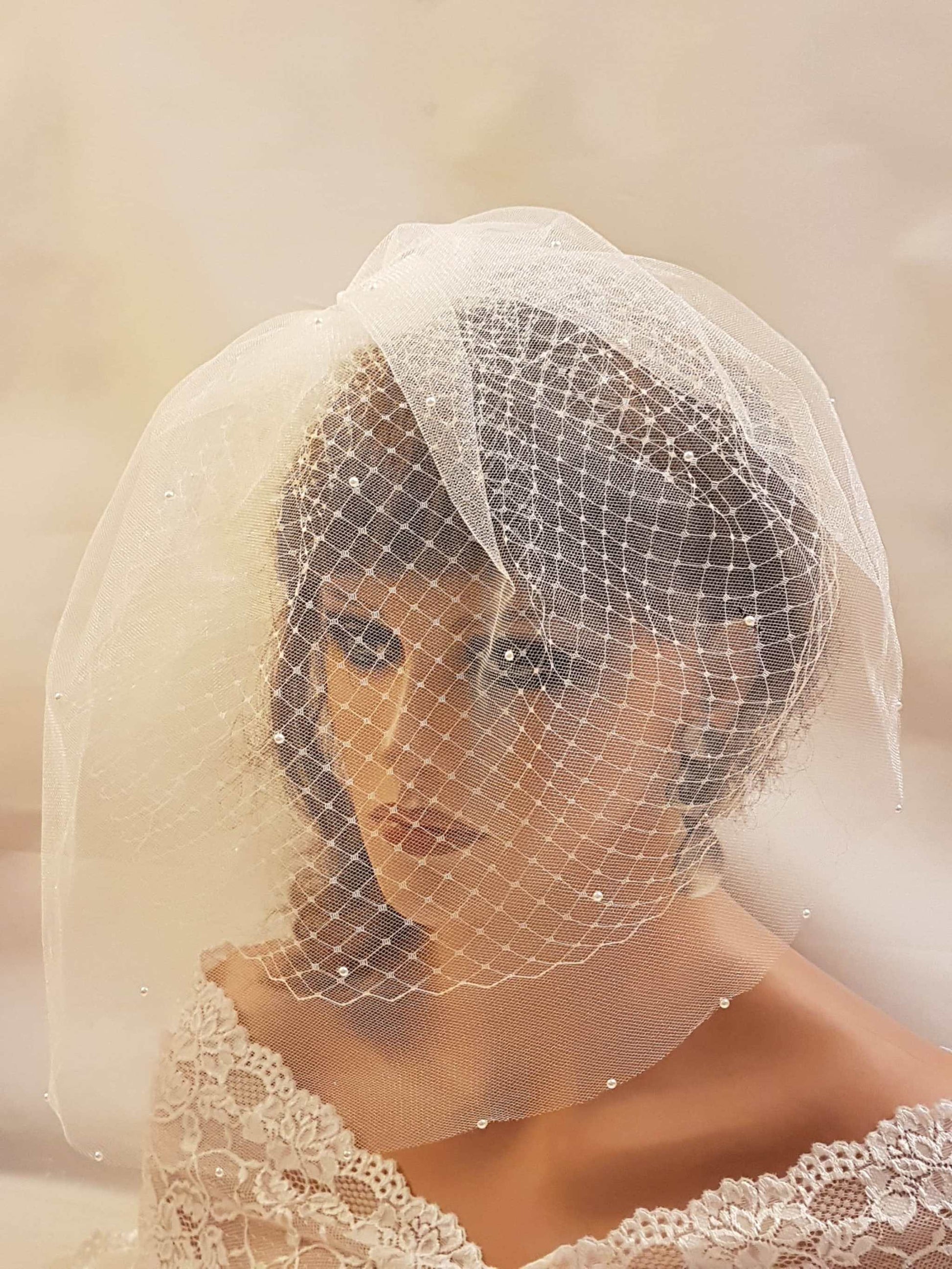 White bridal birdcage veil with lace fascinator, adorned with pearls and crystals for wedding.