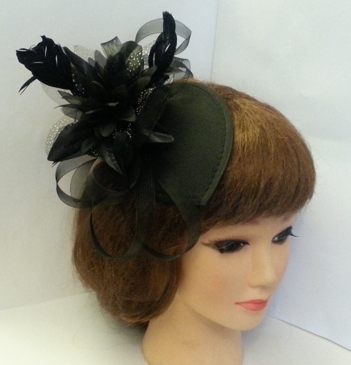 Vintage 1940s-50s Black Fascinator hat, Black Tear drop hat