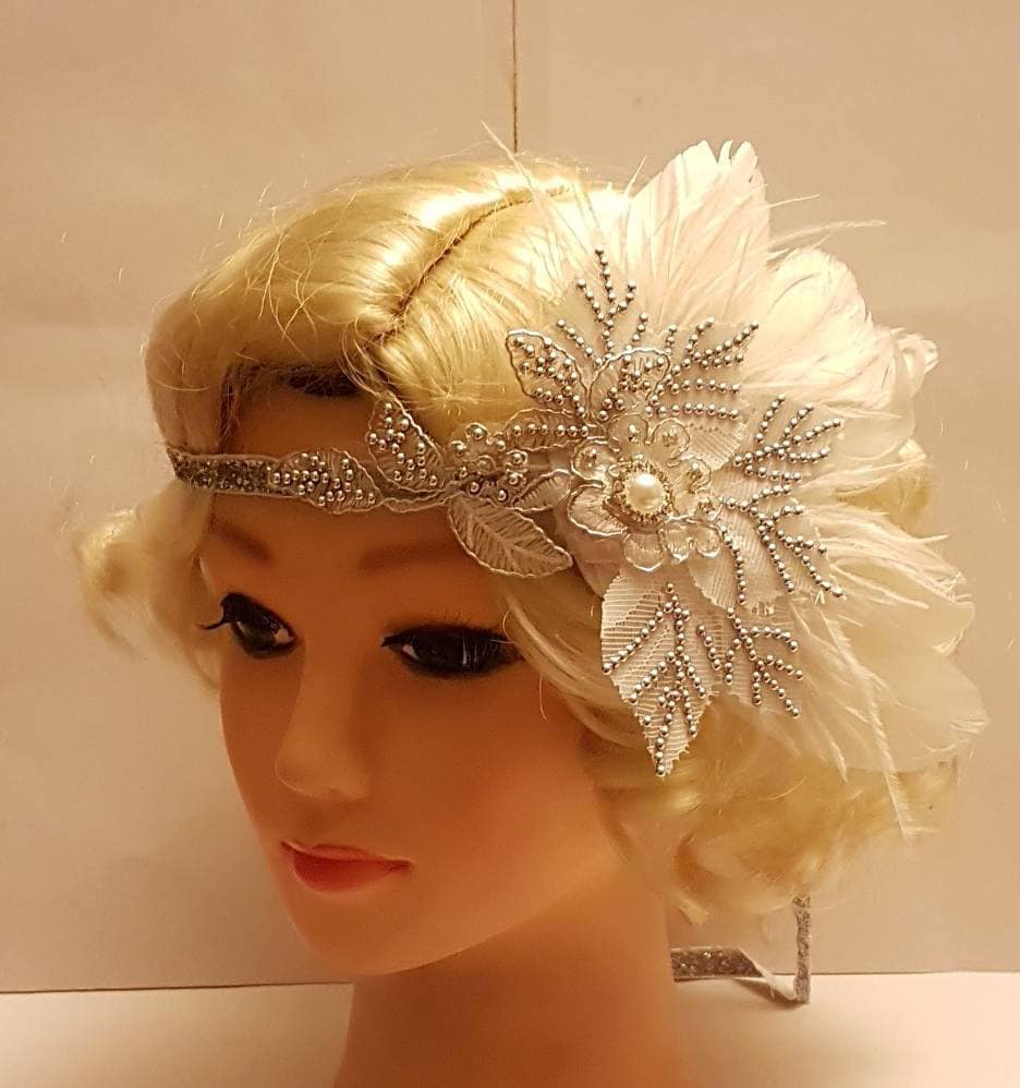 Gatsby Headband, 1920s Flapper Headpiece, Bridal wedding fascinator, Crystal Beaded Gatsby Feather Headband, 1920s 40s sparkly boho headband