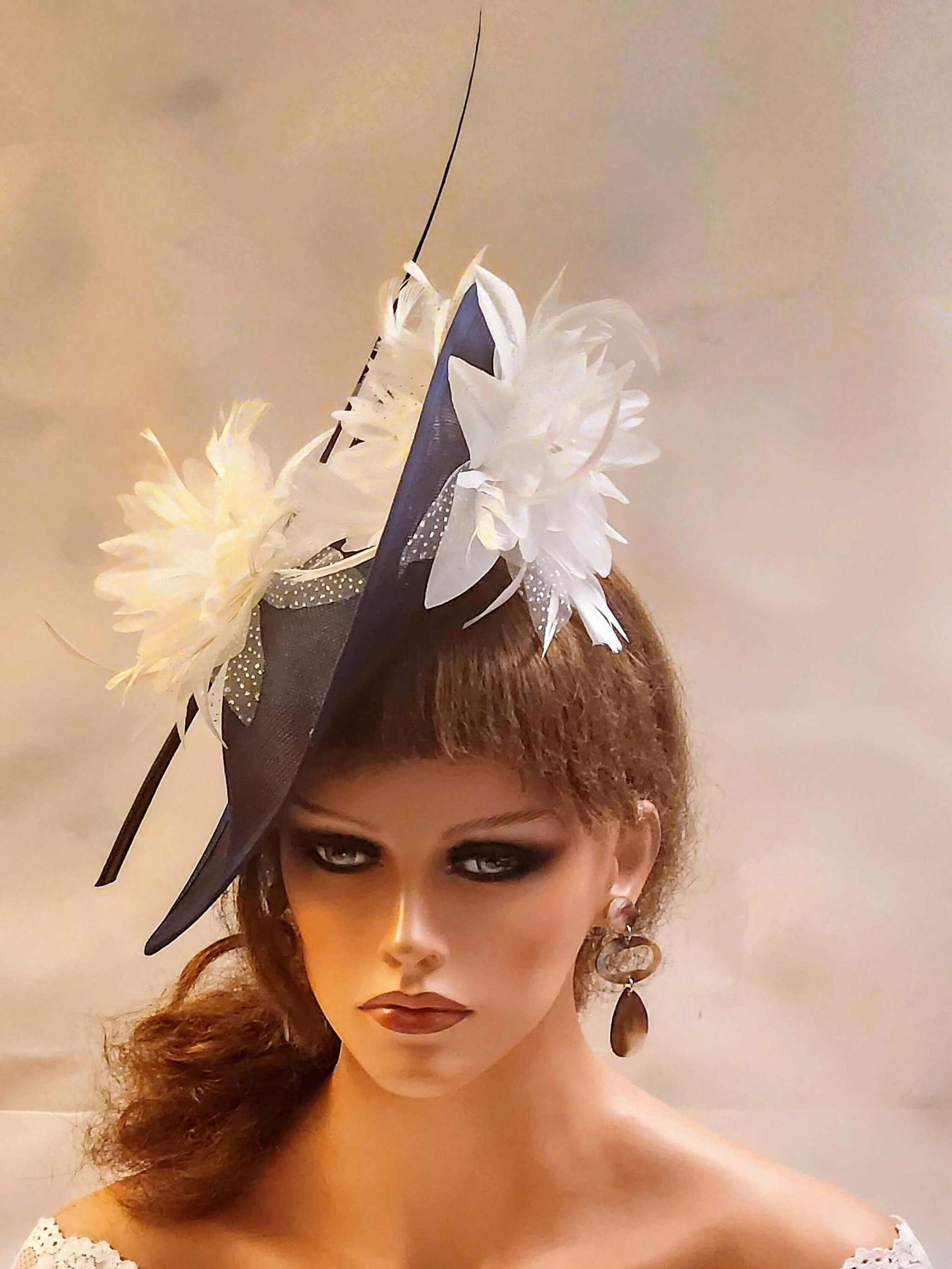 NAVY BLUE & White Fascinator Hat for Weddings