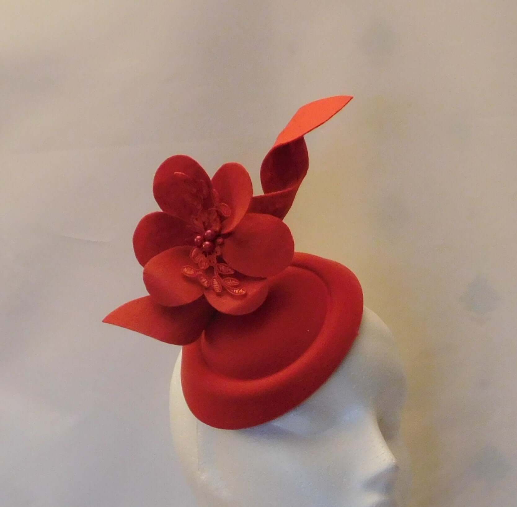 Red fascinator hat. Red Pill box hat with Red Felt Flowers and Swril