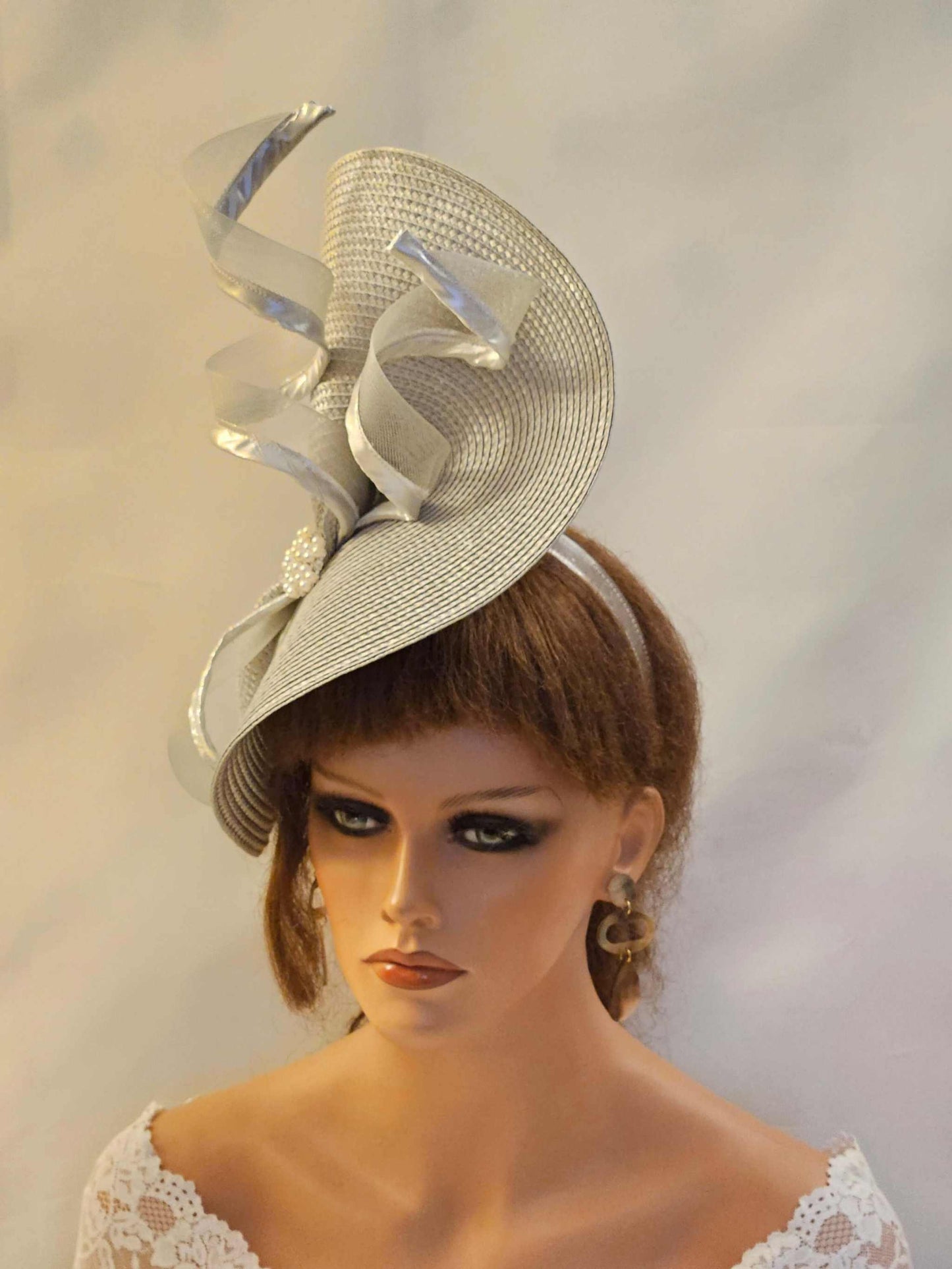 Silver Grey wedding Fascinators & Hats with crinoline swril for Weddings, Races, & Special occasion s