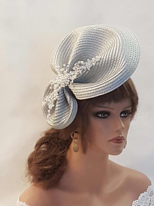 Silver grey mother of the bride fascinator hat. Fascinator for weddings, races, and parties