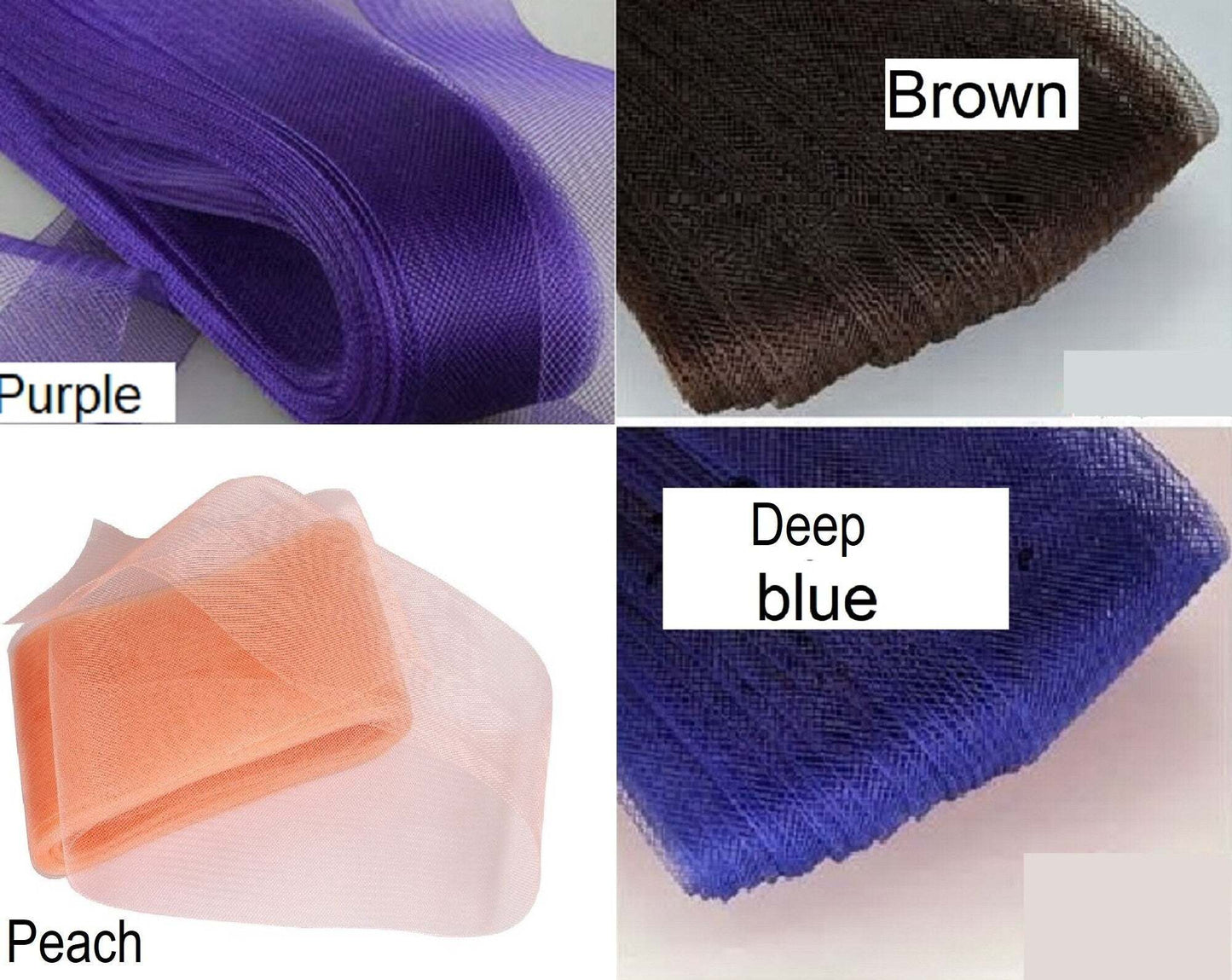 Bridal birdcage veil hat fascinator in purple, brown, peach, and deep blue colors.