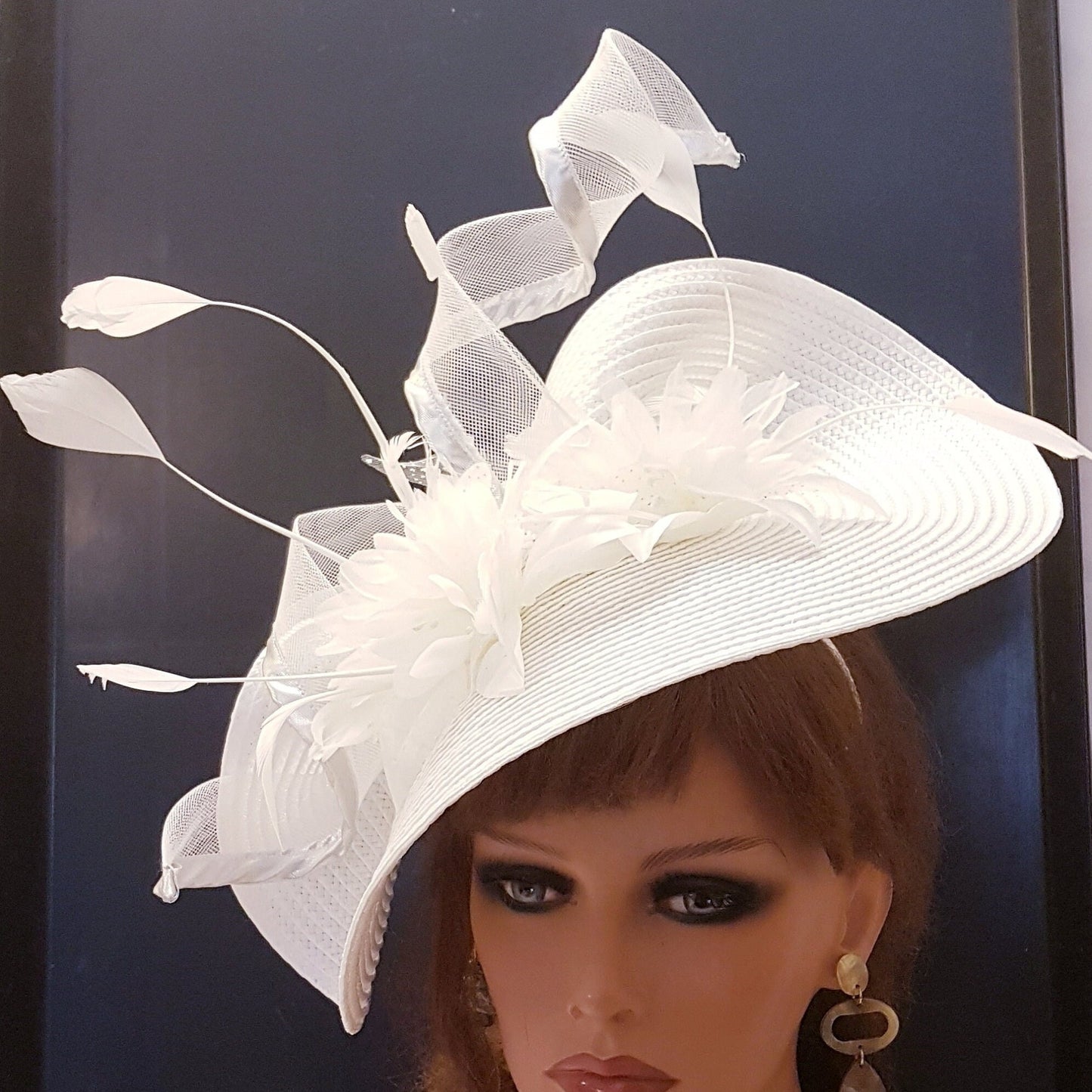 White fascinator large saucer hatinator Feather Floral Church Derby Royal Ascot Hat Race Wedding Party hat Mother of Bride/Groom Hatinator