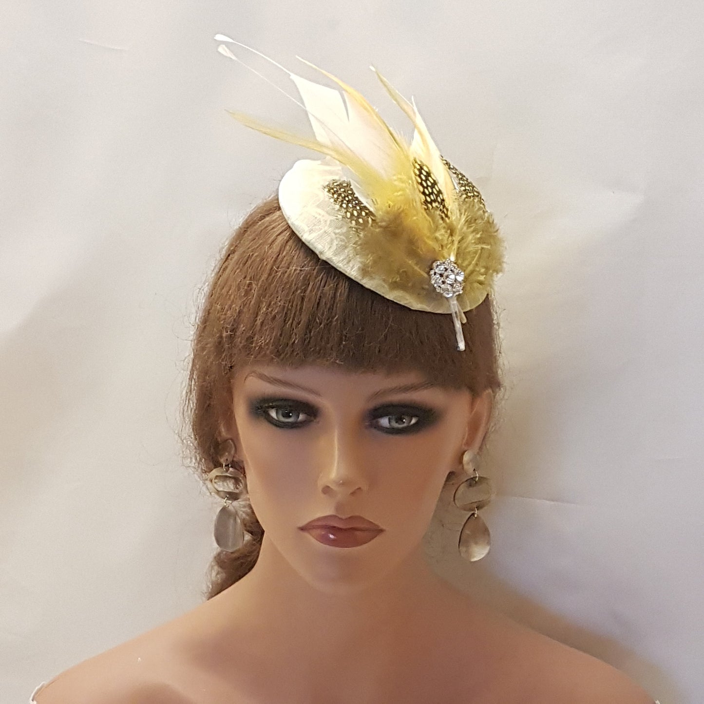 SAGE GREEN Fascinator with Spotty Mustard gold feathers and White feathers Church Ascot Wedding TeaPartyCocktail Ladies day hat fascinator