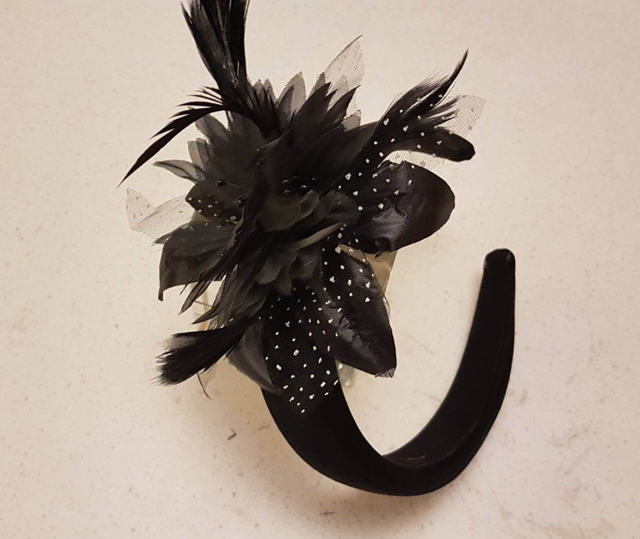 BLACK Feather Flower SUEDE Padded Headband Fascinator Headpiece Halo Padded Hair Crown Races Wedding Prom