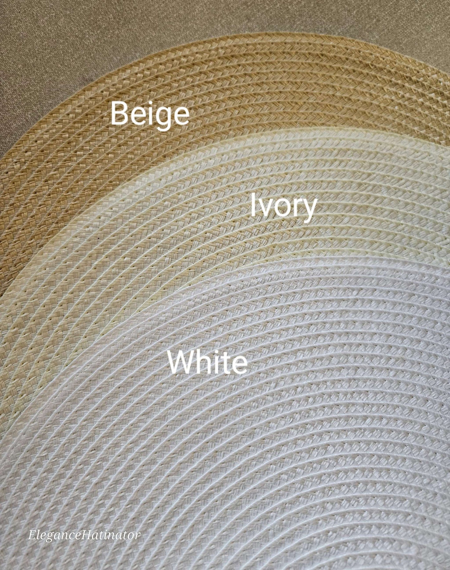 Three hat materials in shades of Beige, Ivory, and White displayed in circular patterns.