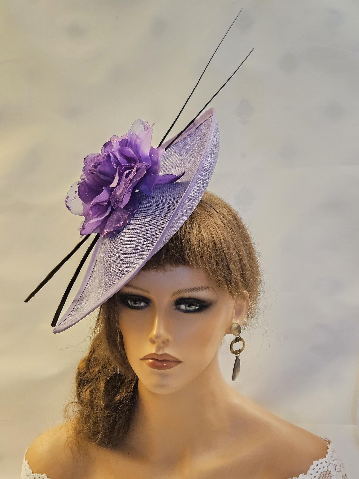 Purple Hat Fascinator long Quill Feather Wedding Hatinator Deeppurple hat Floral Fascinator Mother of Bride,Groom Cocktail Ascot fascinator