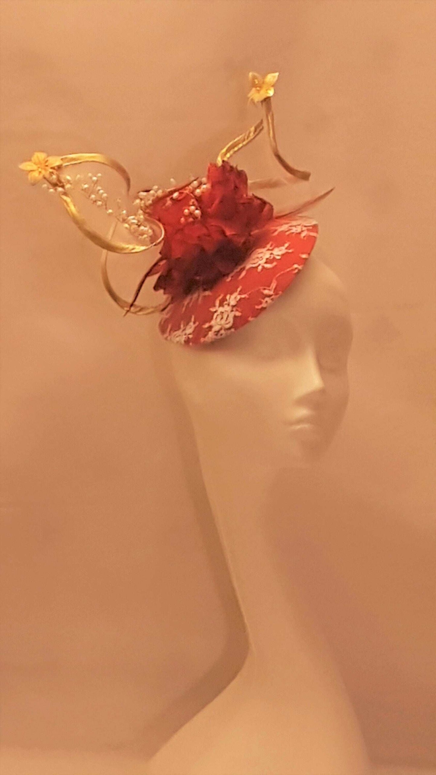 Red feather fascinator hat with gold edge swirl and crystal pearl vine for wedding and Royal Ascot events