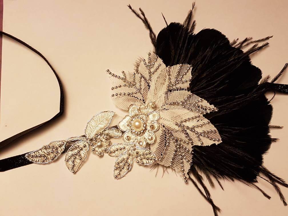 Gatsby Headband, 1920s Flapper Headpiece, Bridal wedding fascinator, Crystal Beaded Gatsby Feather Headband, 1920s 40s sparkly boho headband