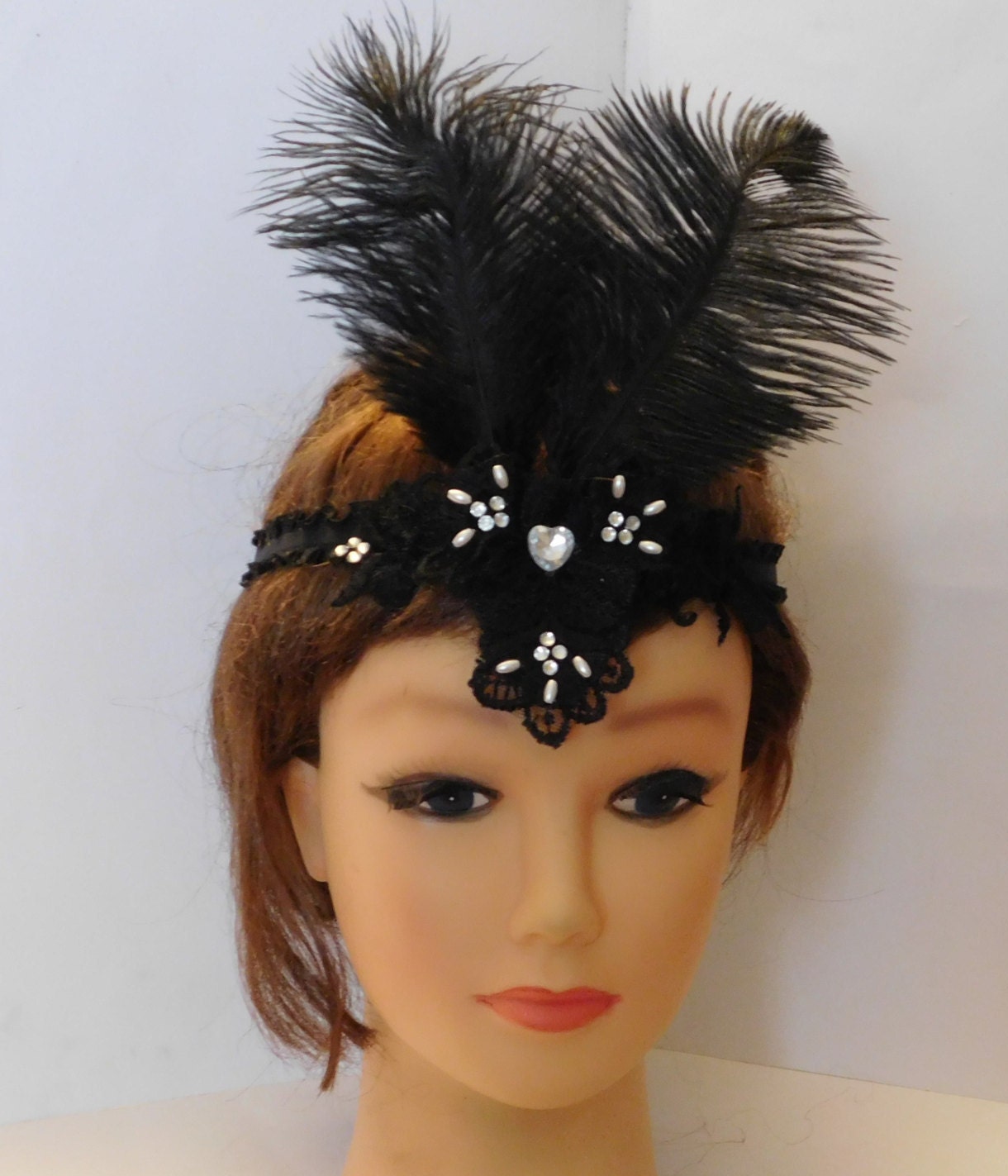 Great Gatsby Headband, Flapper Dress fascinator, Black Headpiece, 1920 Headband, crystal & Pearls Feather Fascinator, Black Boho headpiece