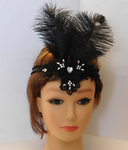 Great Gatsby Headband, Flapper Dress fascinator, Black Headpiece, 1920 Headband,  crystal & Pearls Feather Fascinator, Black Boho headpiece