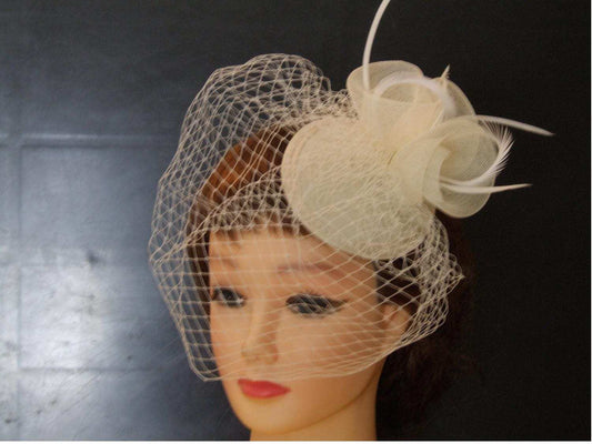 Bridal Birdcage veil Feather Fascinator White, Ivory. Wedding  veil Hat